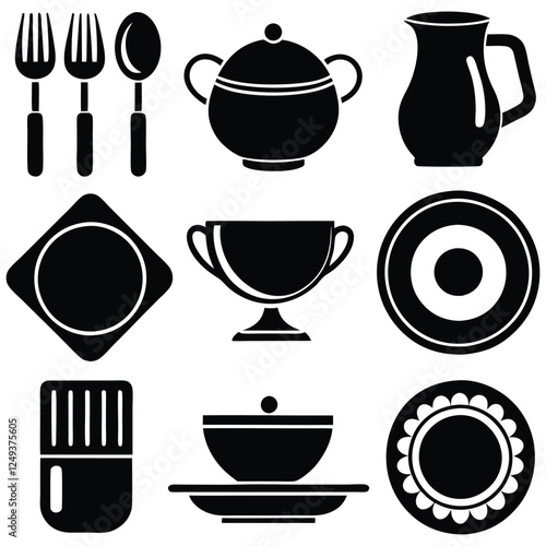 create 9 different simple and minimalist dinnerware silhouette vector