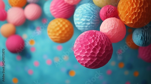 Colorful paper balls hanging against a bright blue background creating a fest...