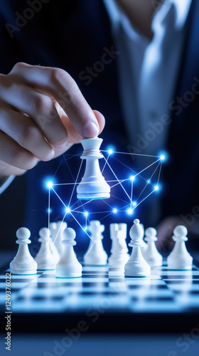 businessman playing chess on digital board with holographic elements, showcasing strategy and innovation