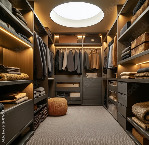 Elegant modern closet with organized shelves and warm lighting in a spacious ...