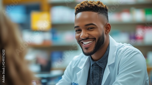 Smiling pharmacist engages with customer in modern pharmacy during daytime visit
