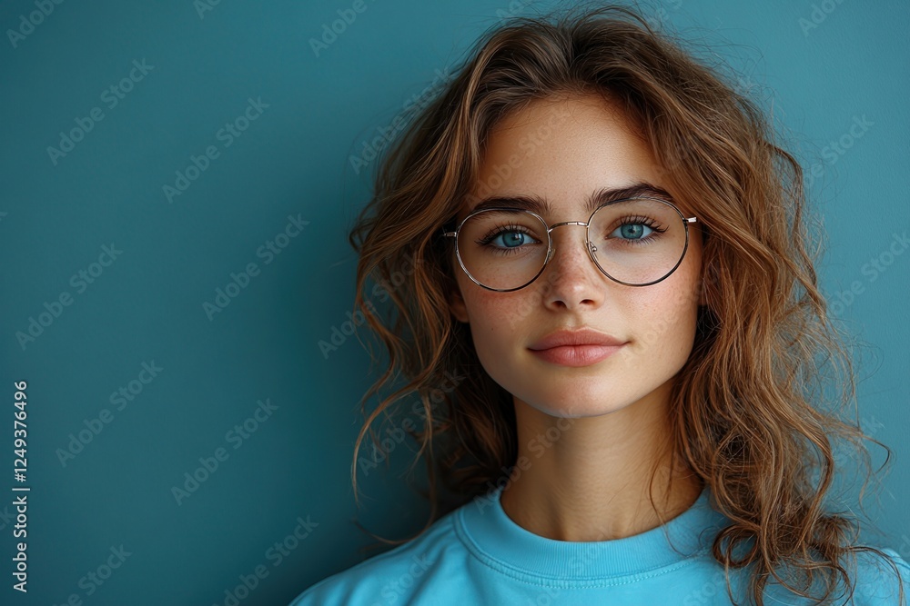 Fototapeta premium Young woman with glasses poses against a blue backdrop promoting a stylish new look