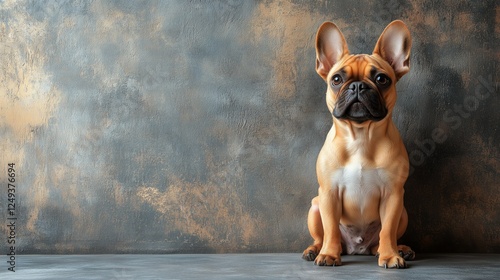 French bulldog sitting calmly in a studio setting with textured background