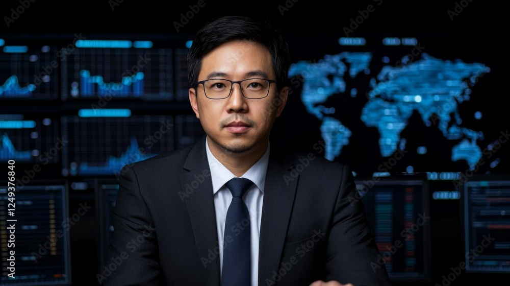 A professional man in a suit sits confidently in front of digital screens displaying data and a world map, suggesting a focus on analytics or finance. A professional man in a suit sits confidently in front of digital screens displaying data and a world map, suggesting a focus on analytics or finance.