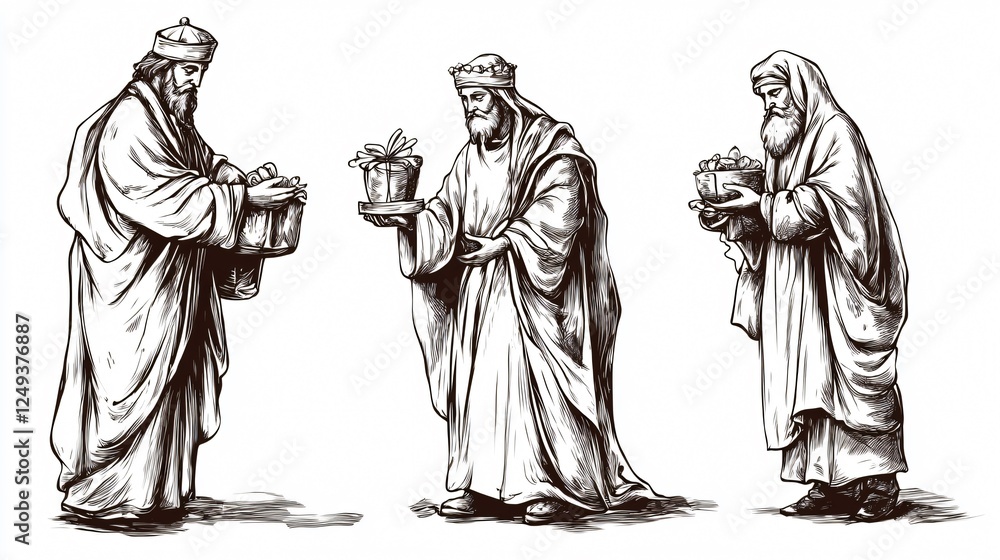 Fototapeta premium A vector illustration of the Three Wise Men bringing gifts to baby Jesus, symbolizing the Epiphany.