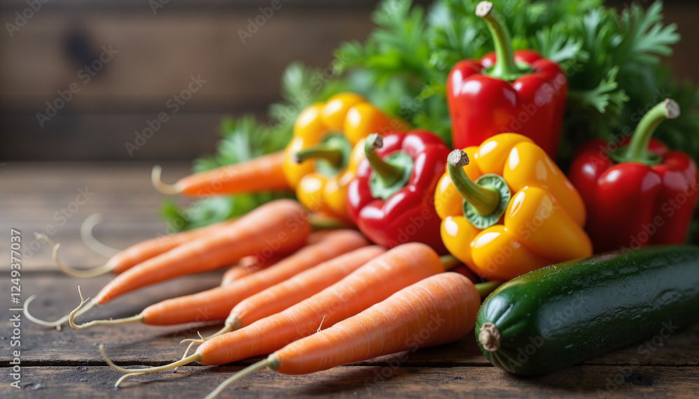 Fresh carrots, bell peppers, and zucchini on wooden surface Fresh carrots, bell peppers, and zucchini on wooden surface