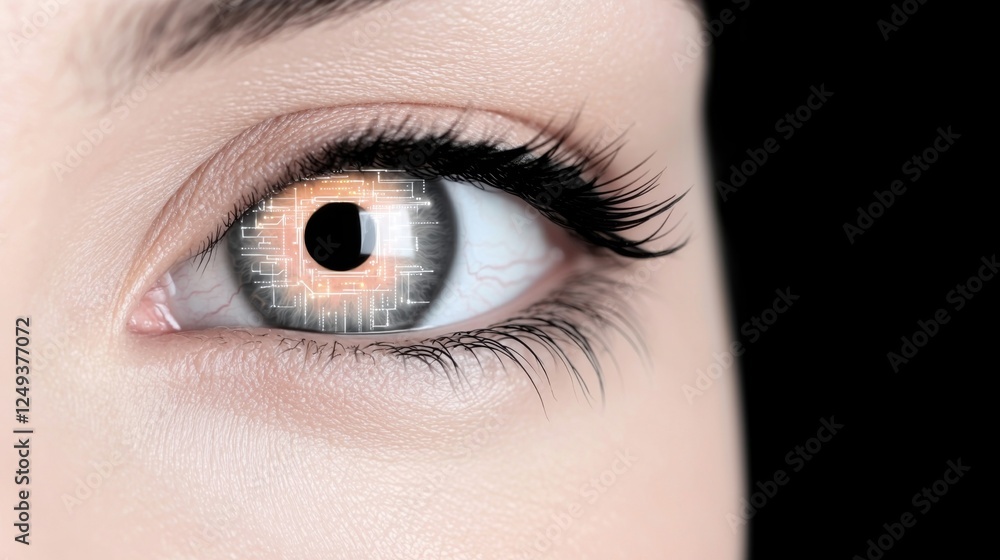 A close-up of a human eye with a futuristic design, featuring intricate patterns and a glowing orange iris, against a dark background. A close-up of a human eye with a futuristic design, featuring intricate patterns and a glowing orange iris, against a dark background.