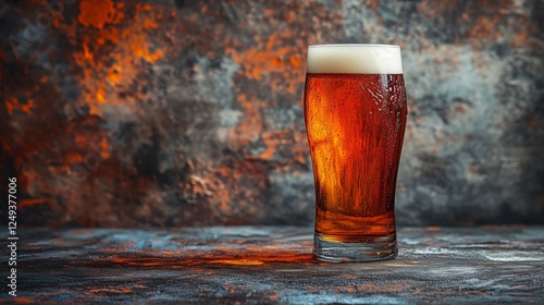 Craft beer in a glass on a rustic surface with a textured background