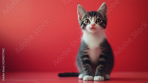 Cute tabby kitten sitting against a bright red background with curious expres...