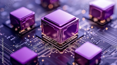 Futuristic Purple Microchips on Circuit Board with Glowing Effects