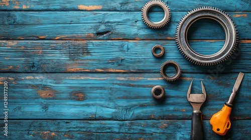 Various metal gears and tools arranged on a rustic blue wooden surface during...