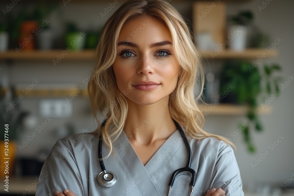 Professional healthcare worker preparing for patient consultations in a modern clinic environment Professional healthcare worker preparing for patient consultations in a modern clinic environment