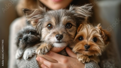 Dogs happily cuddled in a person's arms at home during a cozy afternoon