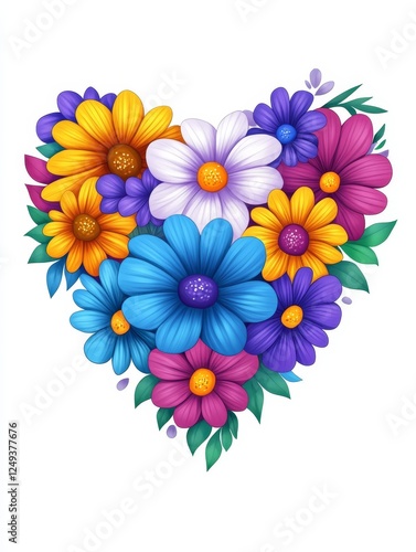 Wallpaper Mural Colorful Heart Shaped Flower Arrangement - A vibrant heart-shaped arrangement of various flowers, showcasing bright colors like blue, purple, yellow, and pink with green leaves. Torontodigital.ca