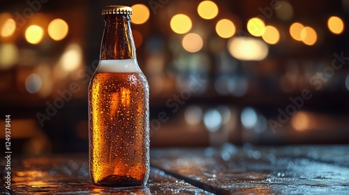 Refreshing amber beer bottle on wooden table in a cozy bar setting during eve...