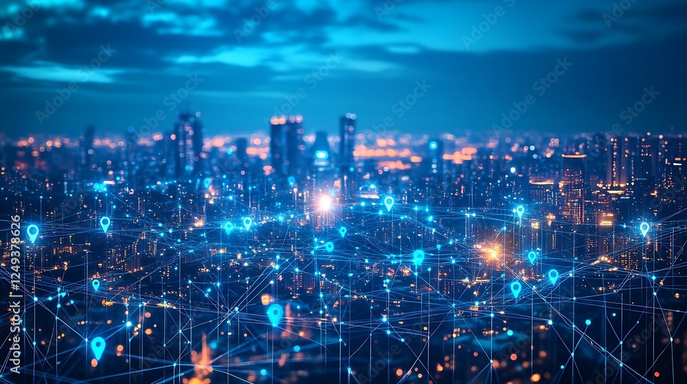 Obraz premium Futuristic City Skyline with Digital Network