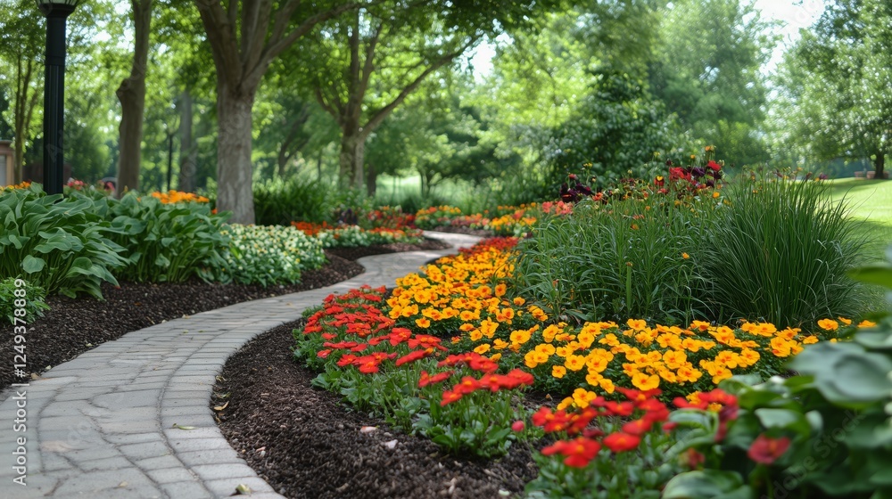 Obraz premium Colorful flower garden pathway winding through lush greenery during a sunny day in the park