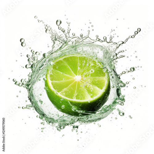 Fresh lime splash in mid-air with copy space for beverage and culinary design