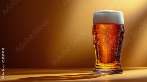 Refreshing amber beer served in a chilled glass with frothy head and warm bac...