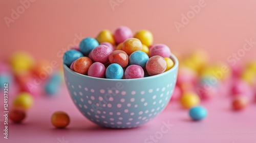 Colorful chocolate candy in a dotted bowl on pink background with scattered t...