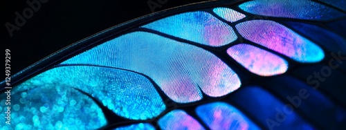 Close up of iridescent  insect wing with translucent texture in blue and purple tones. Beauty and cosmetics concept. Abstract background for beauty packaging, makeup branding and luxury products. Bann