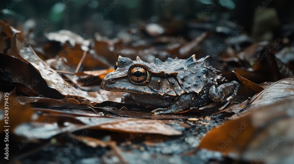 Close-Up of a Spiny Frog Resting on Wet Leaves in Rainforest Floor Close-Up of a Spiny Frog Resting on Wet Leaves in Rainforest Floor