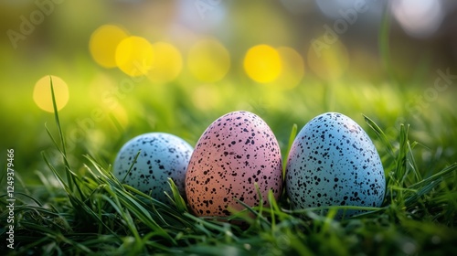 Colorful speckled eggs resting on green grass in a serene garden setting duri...