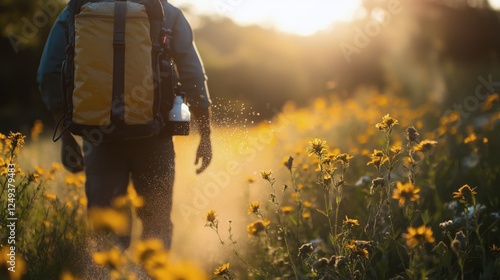Hiker walking through a field of wildflowers during sunset with a backpack