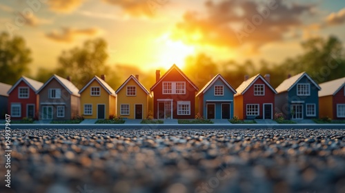 Sunset illuminates colorful houses lined along a peaceful street