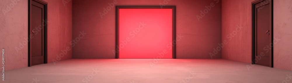 A minimalistic interior scene featuring three doors with a vibrant red wall, creating a striking contrast in a modern aesthetic. A minimalistic interior scene featuring three doors with a vibrant red wall, creating a striking contrast in a modern aesthetic.