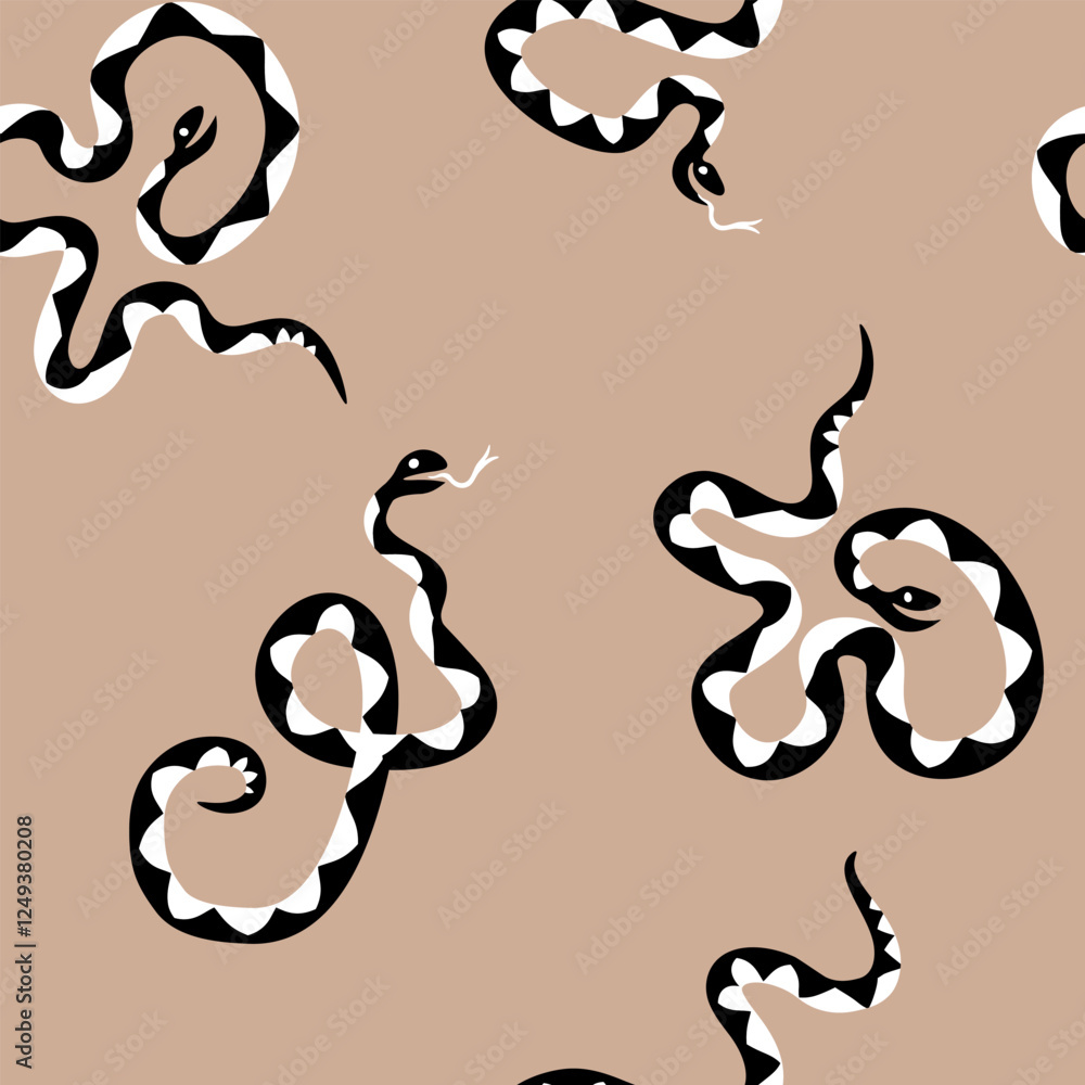 Obraz premium Cute vector seamless pattern with wavy snakes in cartoon style on beige background. Modern seamless pattern perfect for decor of children baby room, textile, fabric, bedding, package, wallpaper. 