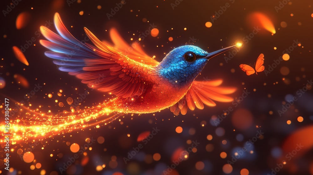 Fiery hummingbird in flight, magical bokeh background, fantasy art, website header Fiery hummingbird in flight, magical bokeh background, fantasy art, website header