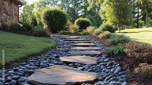 Serene landscape with stepping stones and decorative stones in a lush garden ...