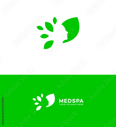 MedSpa Logo Design Green Leaves, Face, Wellness, Natural Beauty