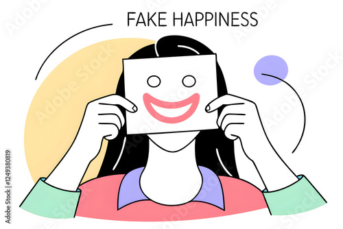 woman shows fake smile symbolizing happiness, by placing piece of paper with drawn mouth on face. concept of fake happiness and desire to demonstrate success in life, hiding depressive state photo