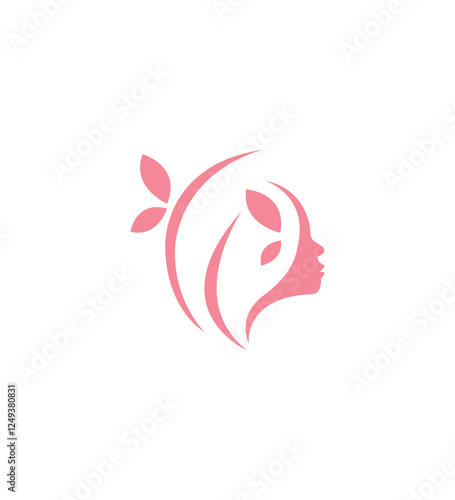 Minimalist logo featuring a womans profile with flowing hair and leaves. Ideal for beauty salons, spas, cosmetics, and natural wellness brands.