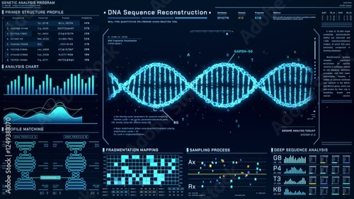 DNA Helix analysis visualization data, genome sequence ui screen, futuristic genetic engineering lab infographic interface, 3D biotechnology scan report dashboard, medical science technology backgound