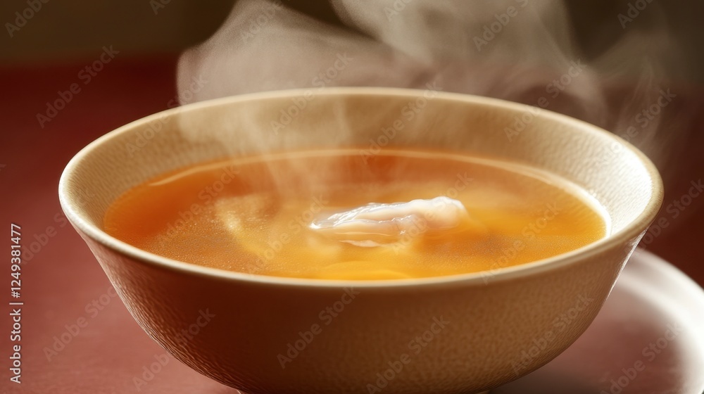 Steaming Bowl of Delicious Soup with Tender Dumpling Inside Steaming Bowl of Delicious Soup with Tender Dumpling Inside