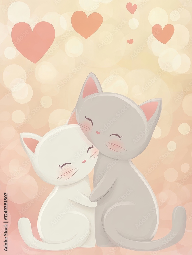 Cute Cats in Love with Hearts - This adorable cartoon features two cats embracing, with hearts floating in a soft background, perfect for expressing love and affection. Cute Cats in Love with Hearts - This adorable cartoon features two cats embracing, with hearts floating in a soft background, perfect for expressing love and affection.