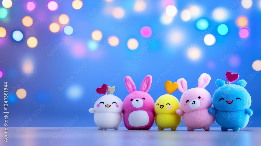 Cute Colorful Cartoon Characters with Hearts - This image features five adorable cartoon characters in vibrant colors with hearts on their heads against a dreamy bokeh background. Cute Colorful Cartoon Characters with Hearts - This image features five adorable cartoon characters in vibrant colors with hearts on their heads against a dreamy bokeh background.