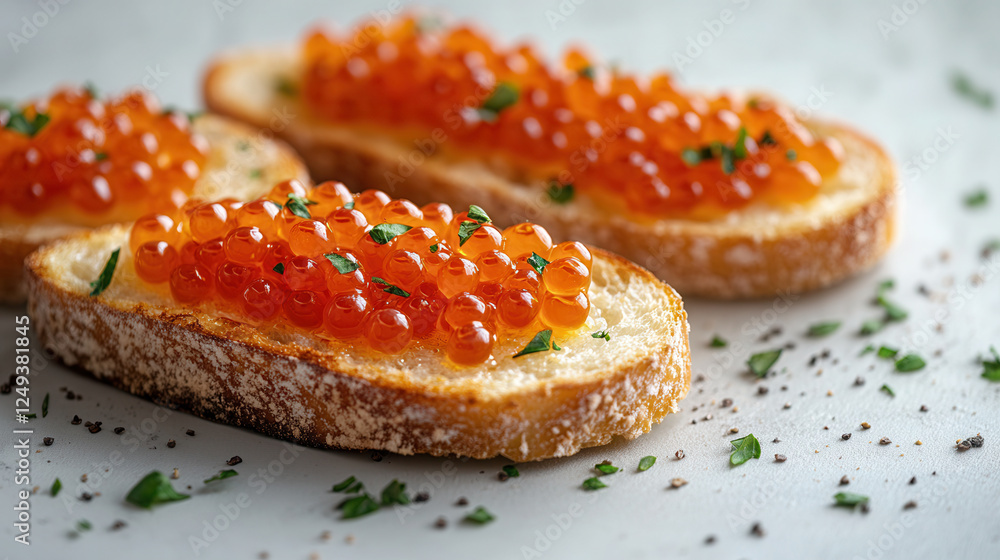 Bruschetta topped with butter and red caviar presented on a clean background with space for text Bruschetta topped with butter and red caviar presented on a clean background with space for text
