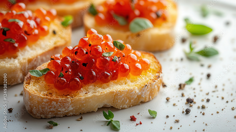 Bruschetta topped with butter and red caviar on a white plate with space for text Bruschetta topped with butter and red caviar on a white plate with space for text