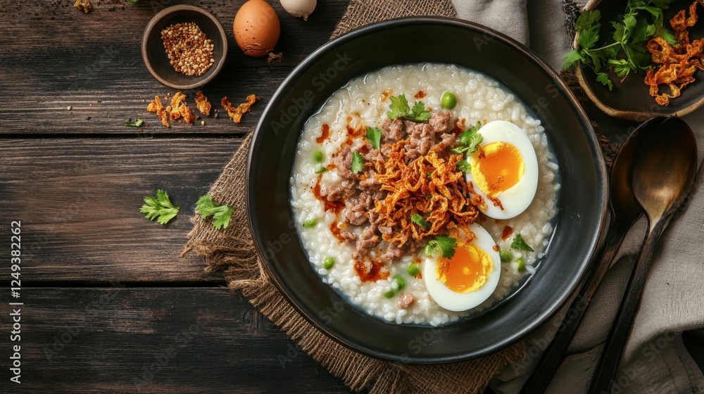 Delicious Savory Rice Congee with Egg and Toppings in Rustic Bowl Delicious Savory Rice Congee with Egg and Toppings in Rustic Bowl