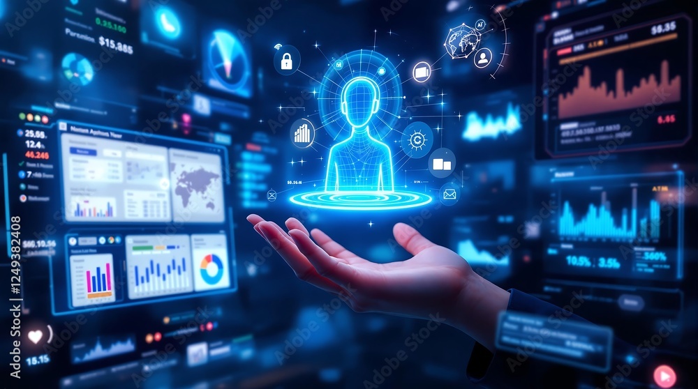 Futuristic AI Assistant Hologram with Interactive UI & Data Screens Futuristic AI Assistant Hologram with Interactive UI & Data Screens