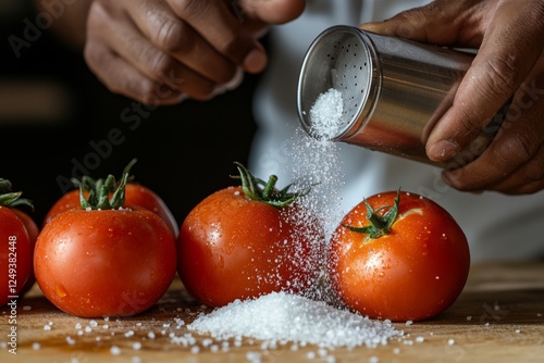 Chef sprinkling salt on tomatoes, kitchen setting photo