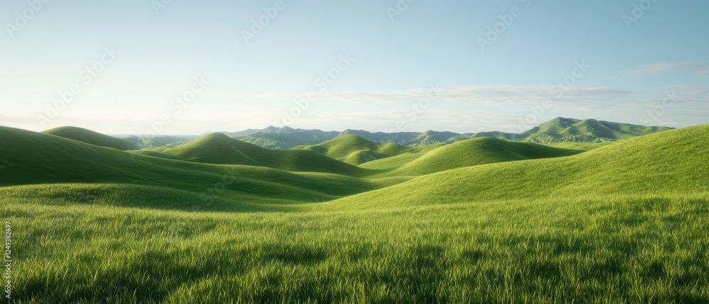 Serene countryside with soft rolling green hills under clear blue sky Serene countryside with soft rolling green hills under clear blue sky