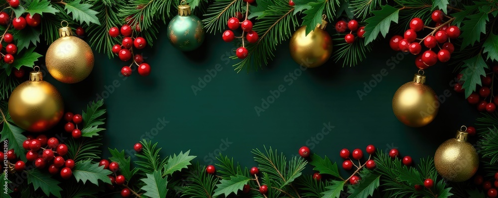 Ornate golden ornaments and festive garlands on dark green holly branches, berries, holiday decor Ornate golden ornaments and festive garlands on dark green holly branches, berries, holiday decor
