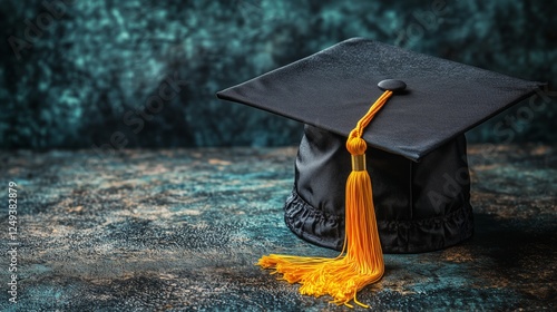 Graduation cap with orange tassel on textured background in a celebratory set...