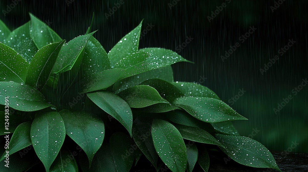Fototapeta premium Close-up of tropical leaves covered in glistening raindrops, set against a dark, rainy background, evoking a sense of freshness and serenity