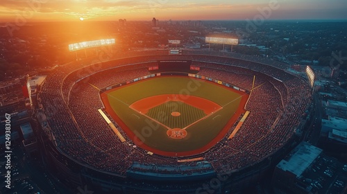 Crowded baseball stadium at sunset with bright lights and enthusiastic fans e...